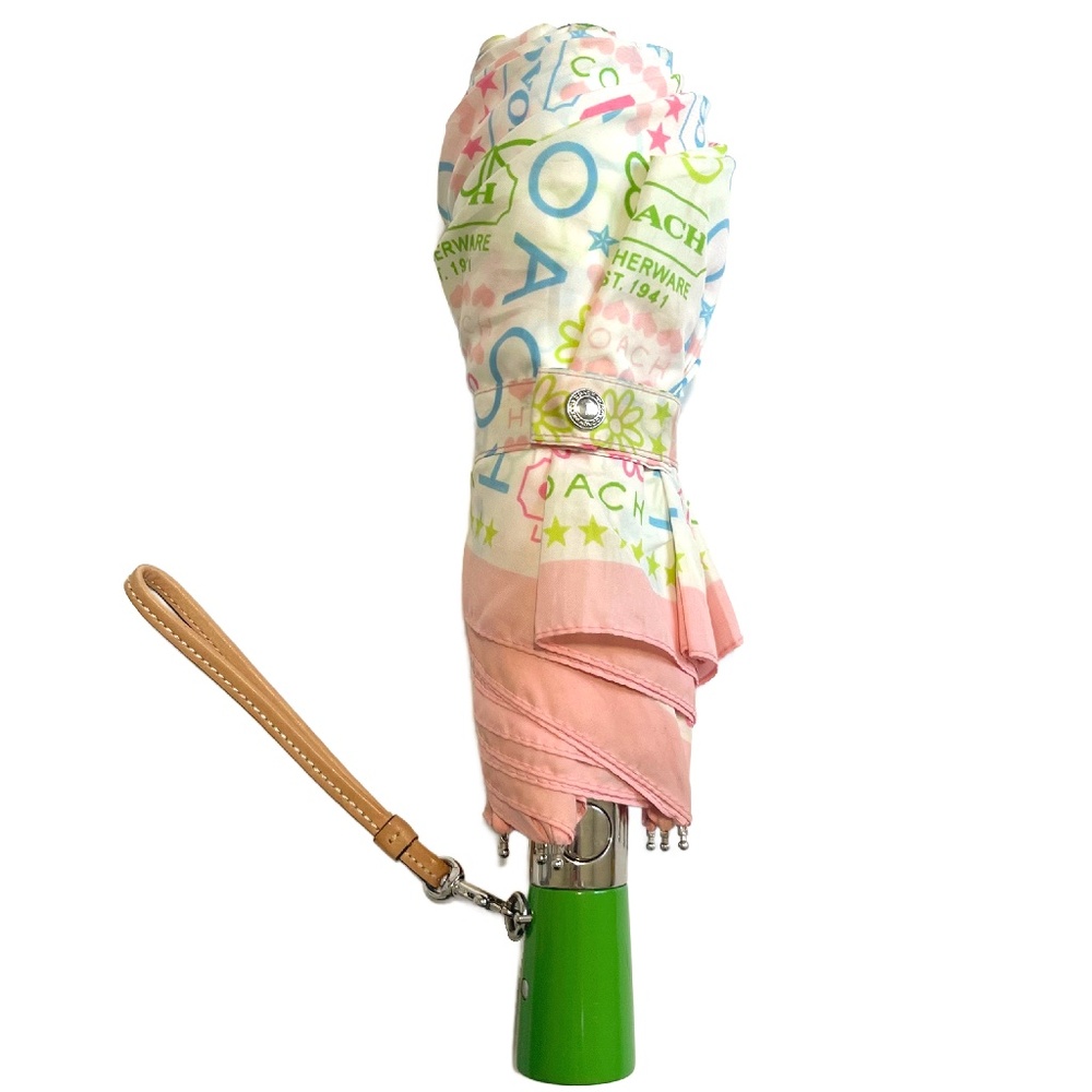Vintage Coach Printed Umbrella - Green, Pink, White, Blue with Tan Leather Strap